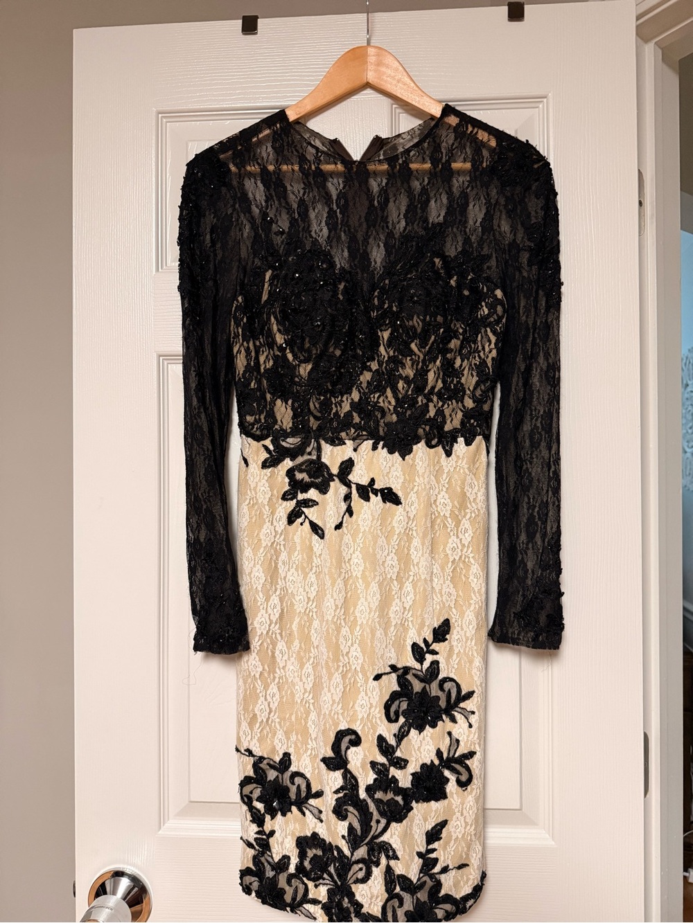 Mac Duggal Black Lace Over Cream Sheath Dress